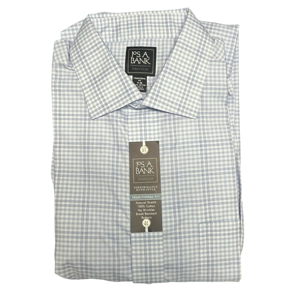 Jos A Bank Traveler 17-36 Traditional Fit Long Sleeve Men Dress Shirt Blue Plaid
